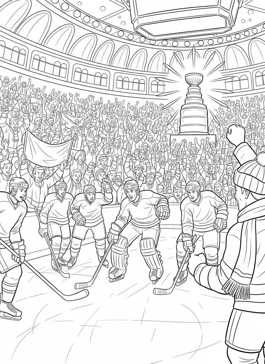 Stanley Cup Finals coloring page prompts capturing intense hockey action, frozen arenas, passionate fans, and championship tradition.	A packed hockey arena glowing with cold blue light, fans wrapped in jerseys and scarves as players take the ice for a Stanley Cup Finals showdown.