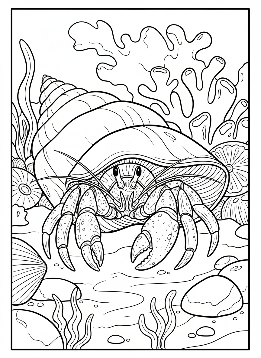 Detailed hermit crab with textured claws and legs emerging from a beautiful chambered nautilus shell.