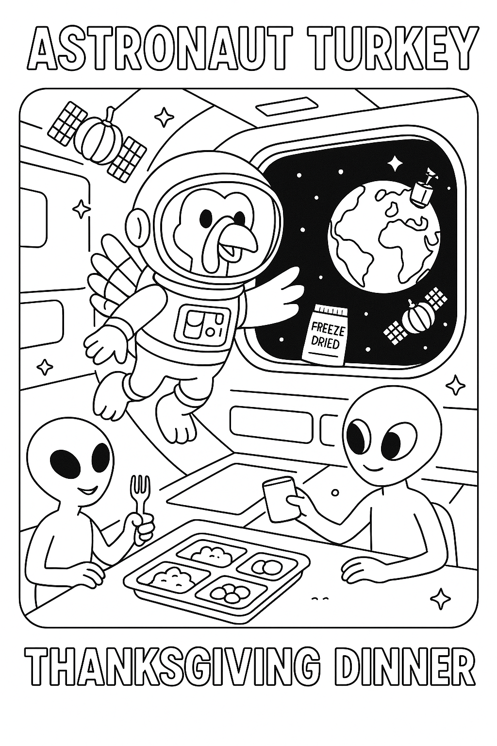Astronaut turkey floating in space station with alien friends sharing freeze-dried thanksgiving dinner, Earth visible through window, satellites shaped like pumpkins orbiting outside