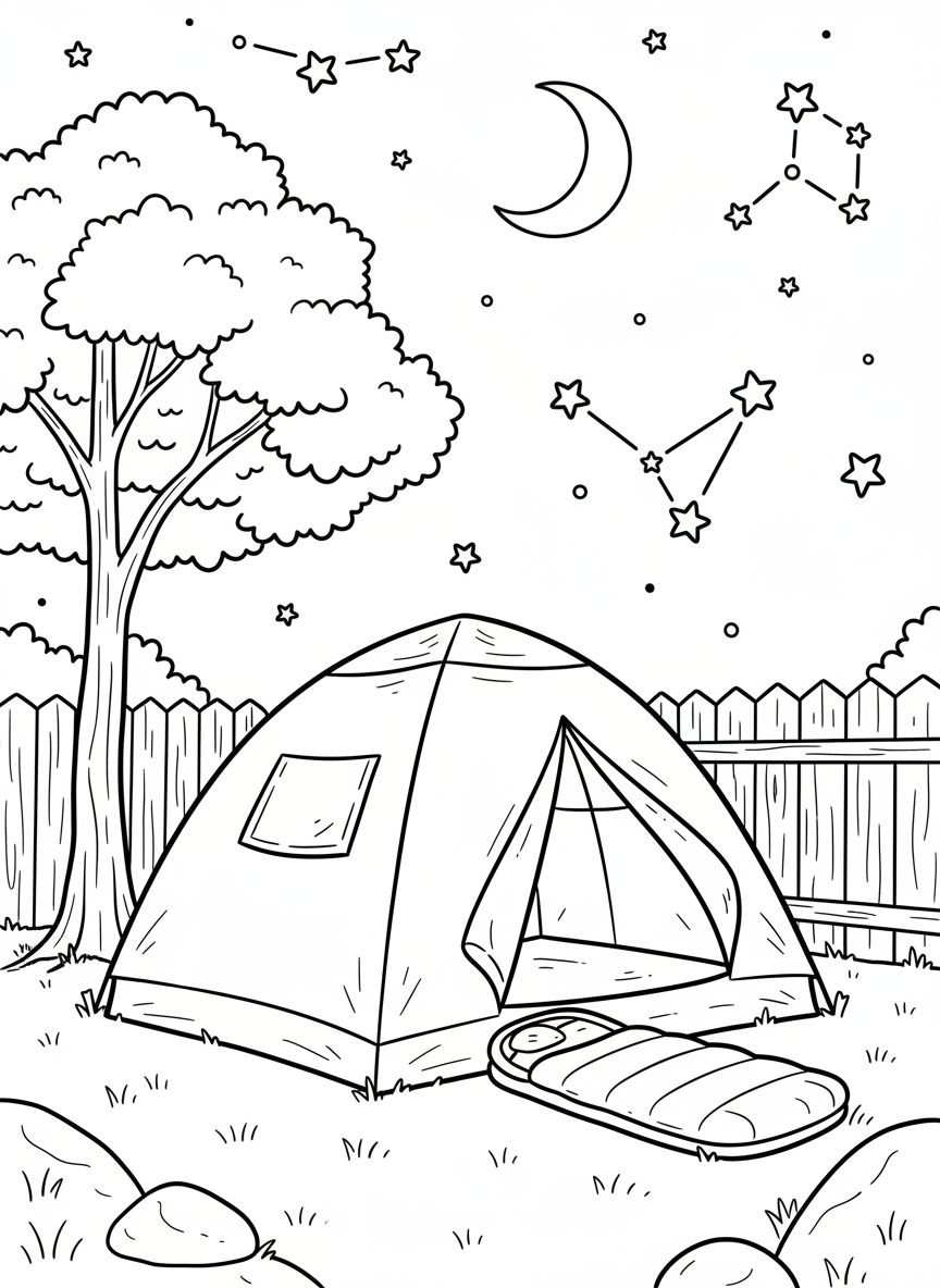 Nighttime backyard camping scene with a tent, crescent moon, and constellation patterns in the sky above, simple stars to color.