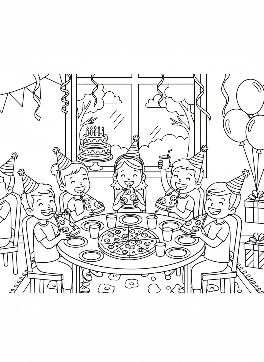 Children sitting around a table sharing pizza slices at a birthday party, with plates and cups, fun celebration scene
