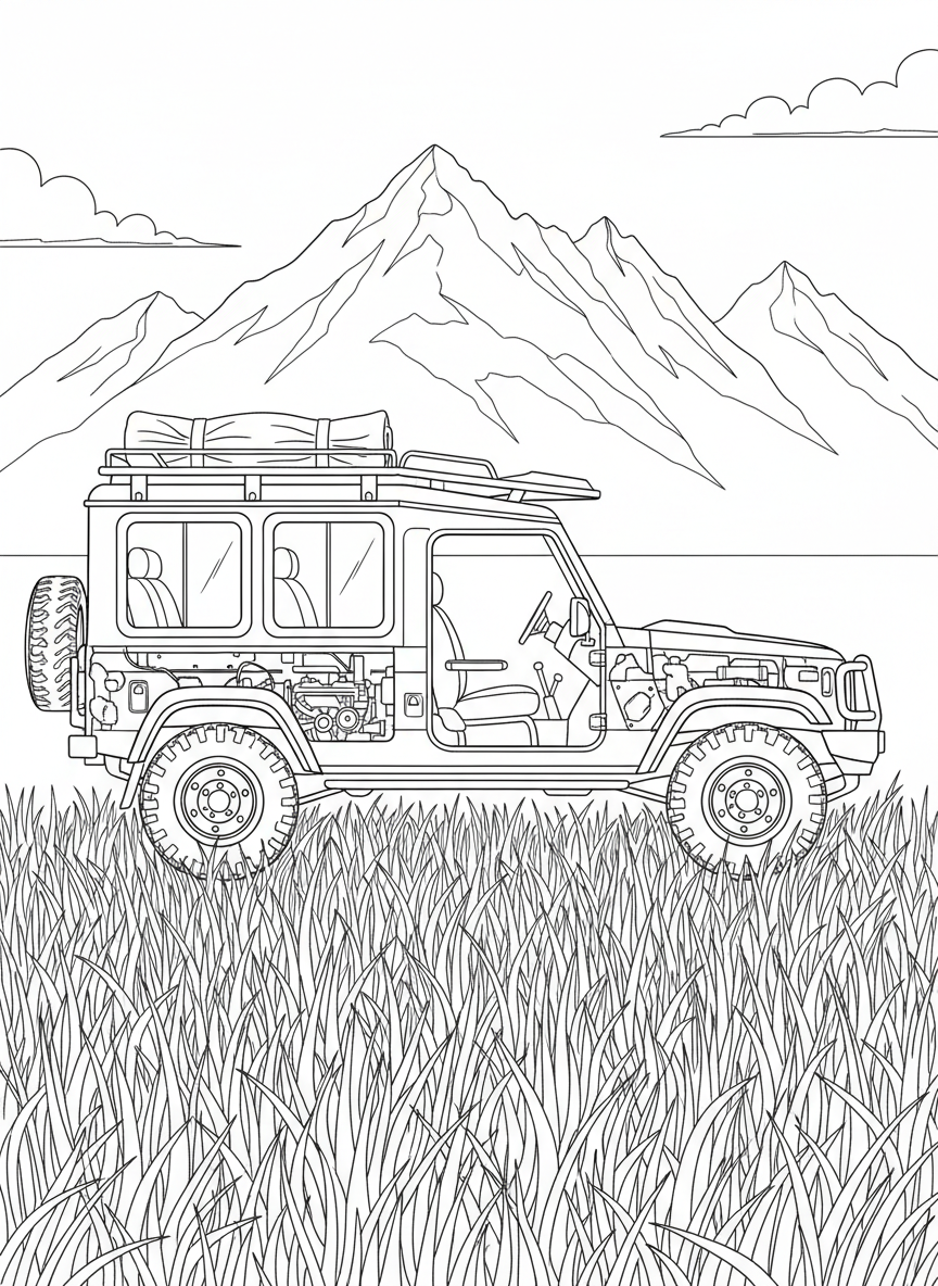 A safari jeep with roof rack and spare tire on back, driving through grasslands with mountains in the distance