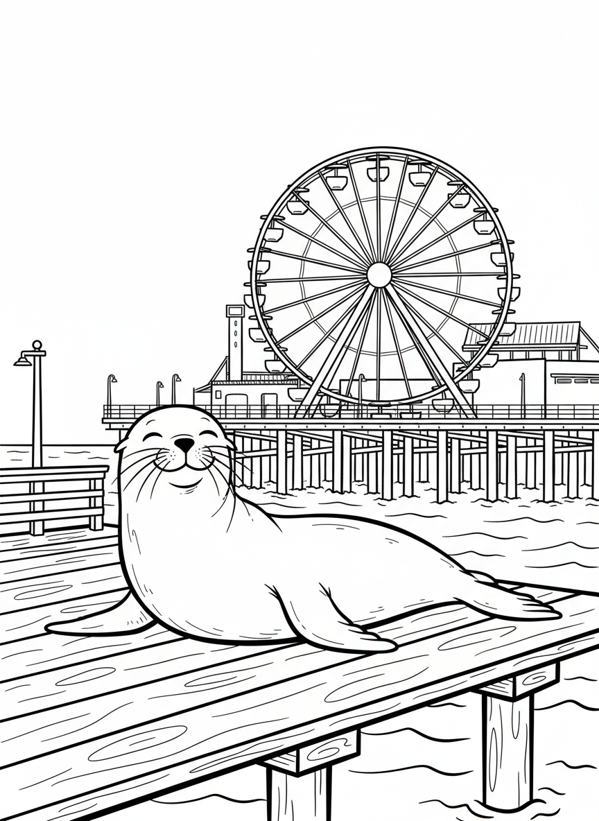 A friendly sea lion relaxing on a dock at the Santa Monica Pier with the Ferris wheel visible behind it