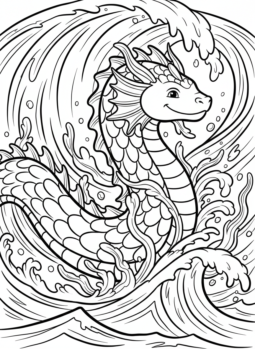A sea serpent with scales and fins swimming through ocean waves, with a gentle smile and seaweed decorations.