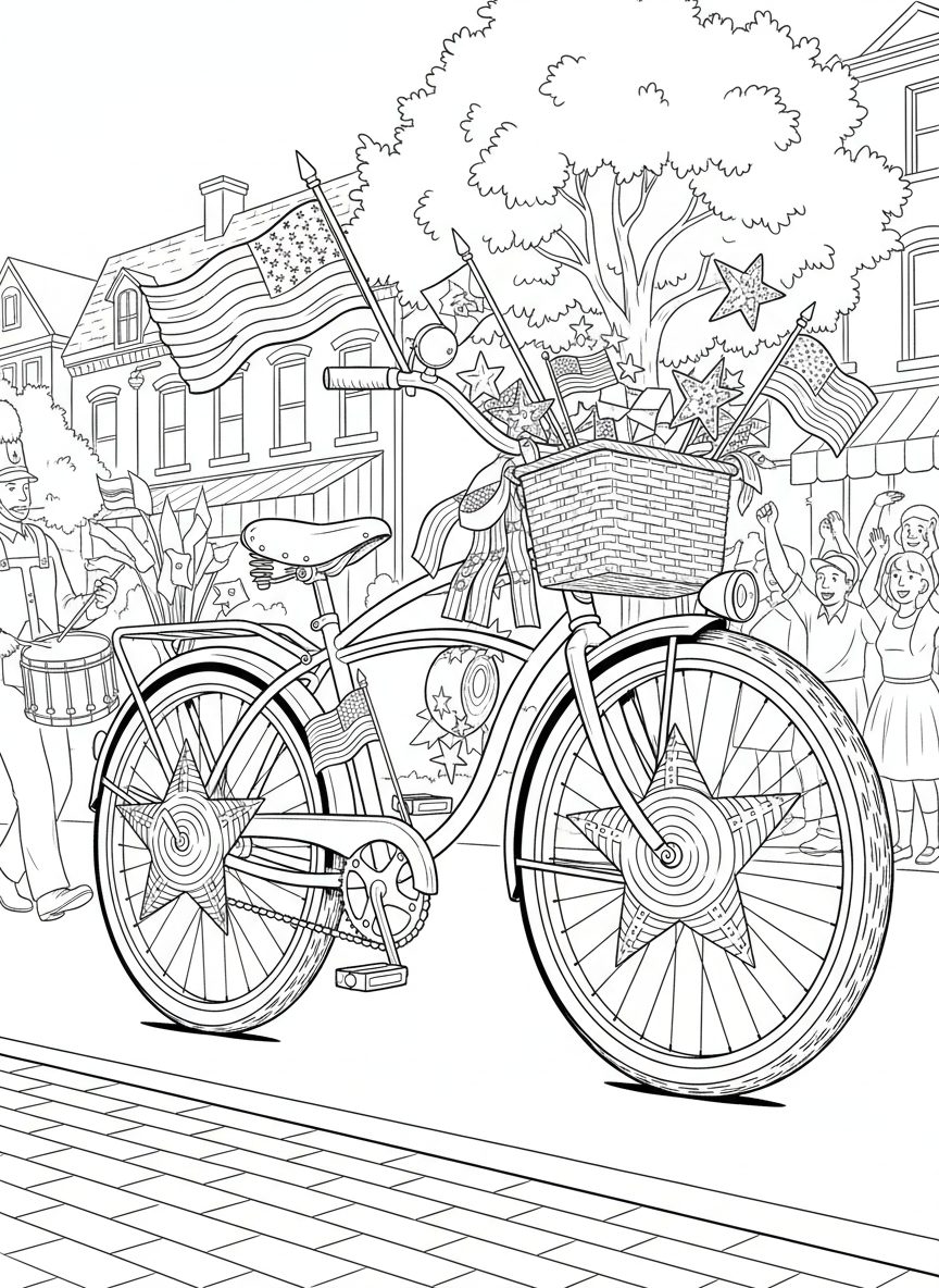 A vintage bicycle decorated with streamers, flags, and star-shaped pinwheels for a Fourth of July parade