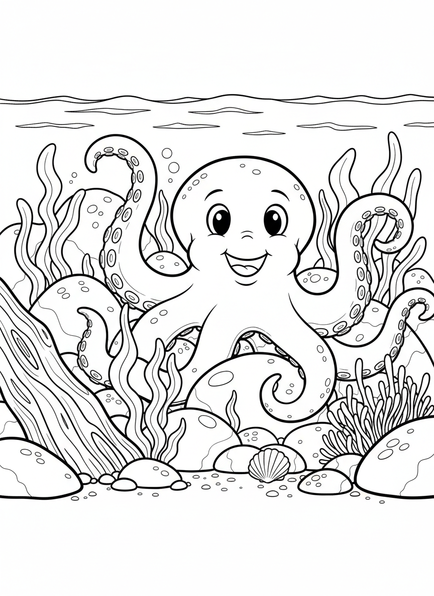 A smiling octopus hiding between tide pool rocks with its tentacles curled around stones and seaweed.