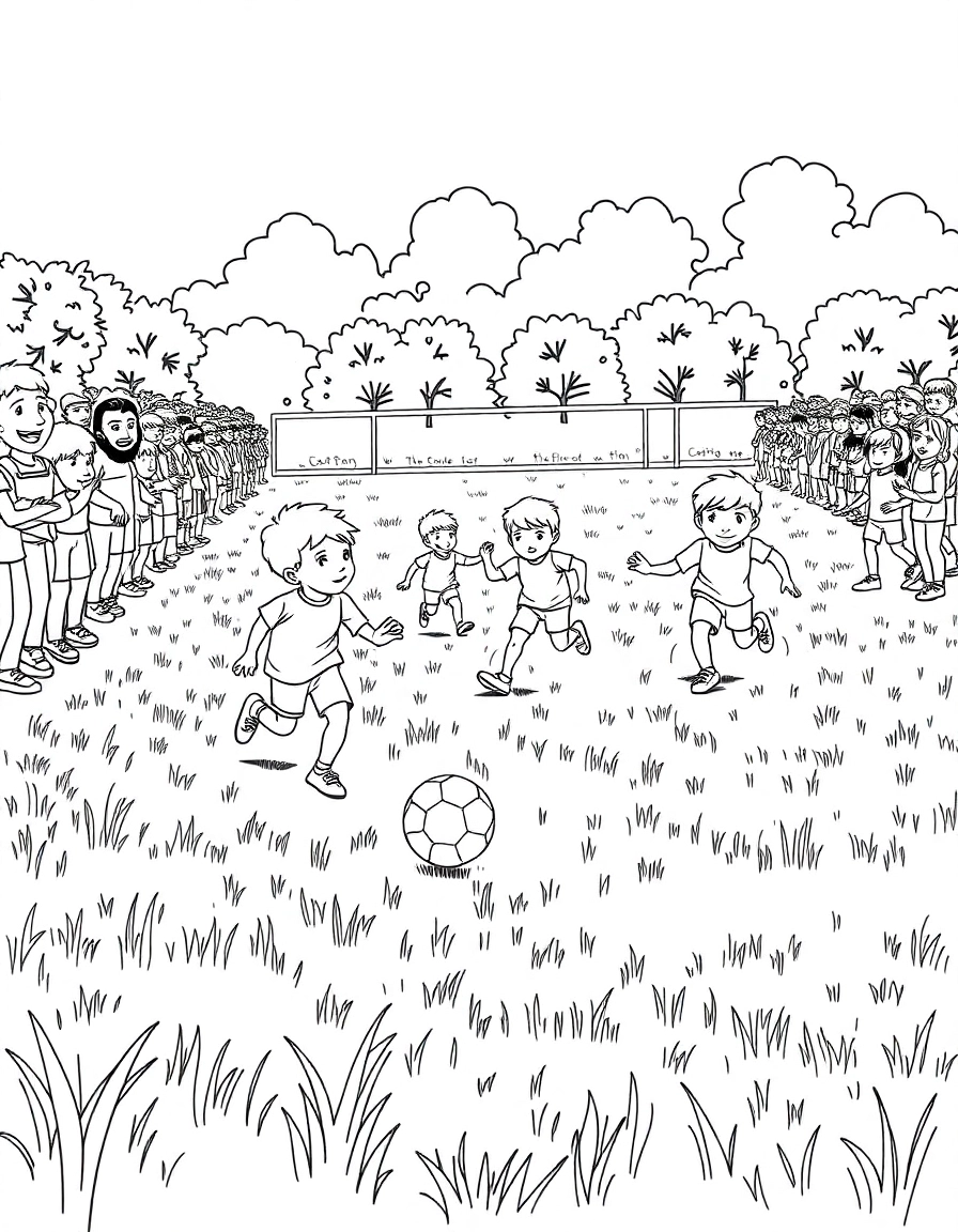 A grassy soccer field filled with young players chasing the ball enthusiastically as parents line the sidelines cheering.