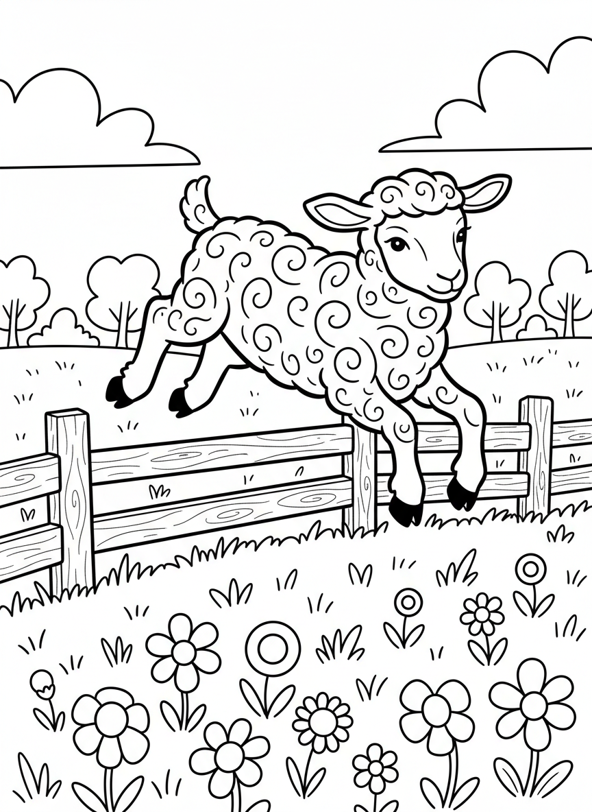 A lamb jumping playfully in a green pasture dotted with wildflowers and a wooden fence.