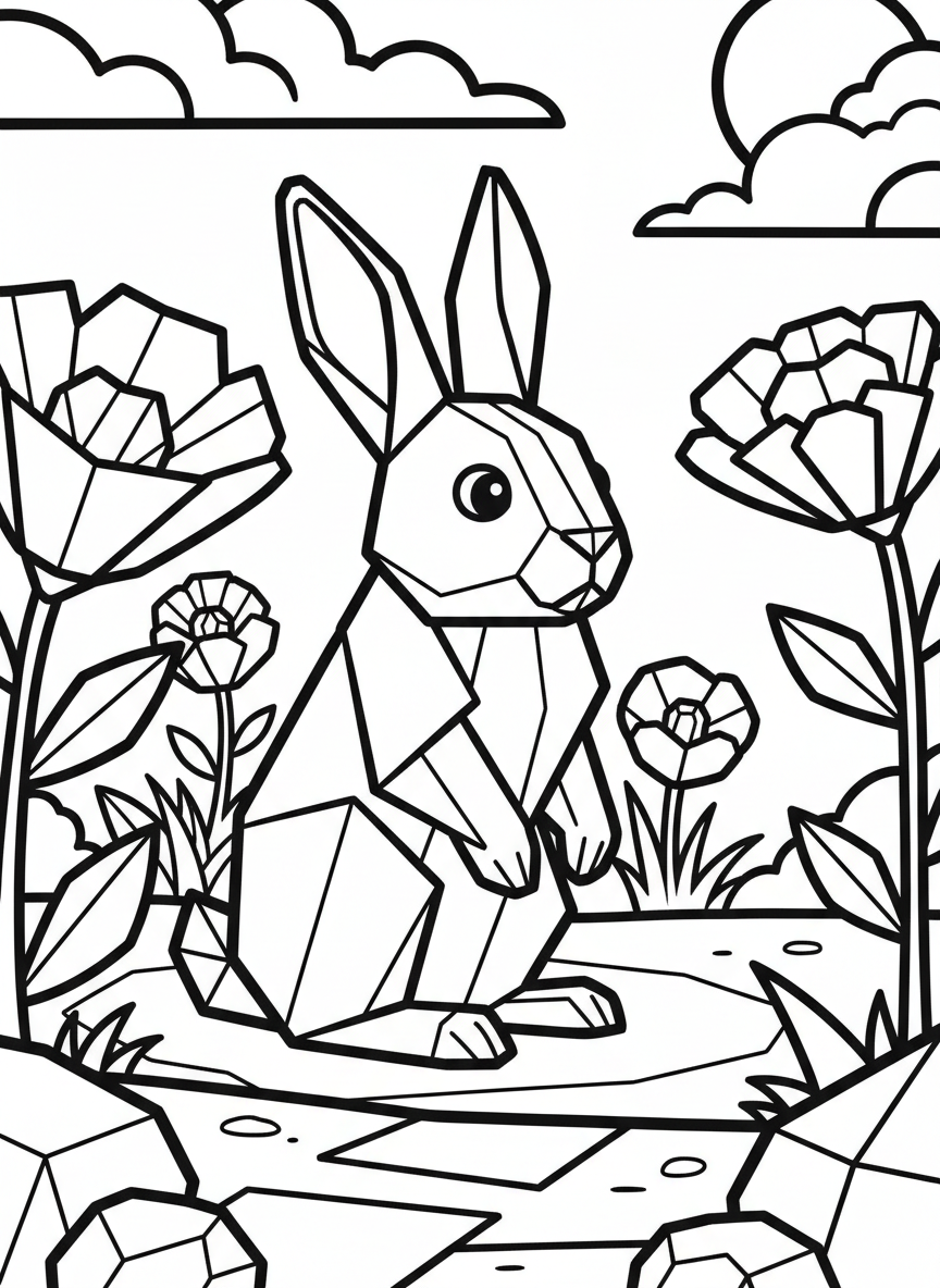 A cute origami bunny rabbit sitting upright with pointed folded ears, showing angular body segments and crisp geometric edges in line art style.