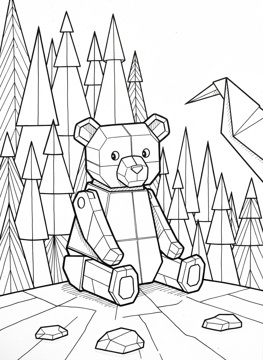 A friendly origami bear robot with folded paper limbs, geometric head, and square body sitting in a forest of triangular trees