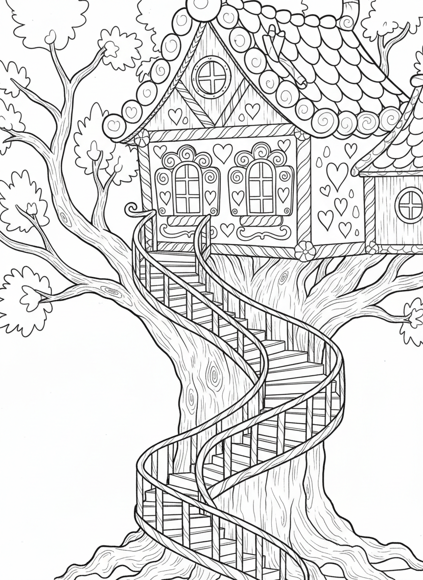 A German fairy tale treehouse with gingerbread-style decorations, heart-shaped window shutters, and a spiral staircase wrapping around the trunk.