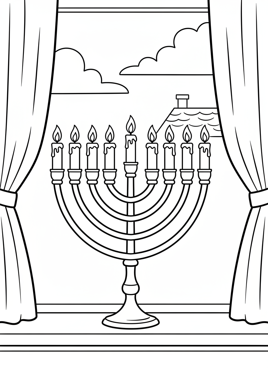 A traditional nine-branched menorah with all candles lit, standing on a windowsill with simple curtains in the background, clean line art for coloring.