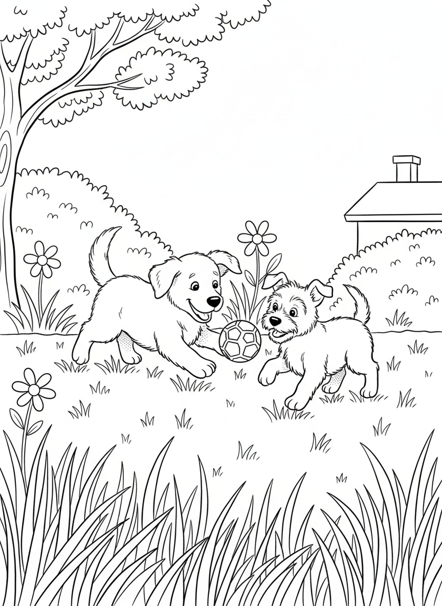 Two puppies playing with a ball together in a grassy yard, showing playful friendship between animals.