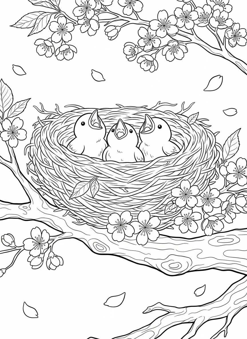A bird's nest with baby birds chirping, perched on a flowering cherry blossom branch with petals falling gently.