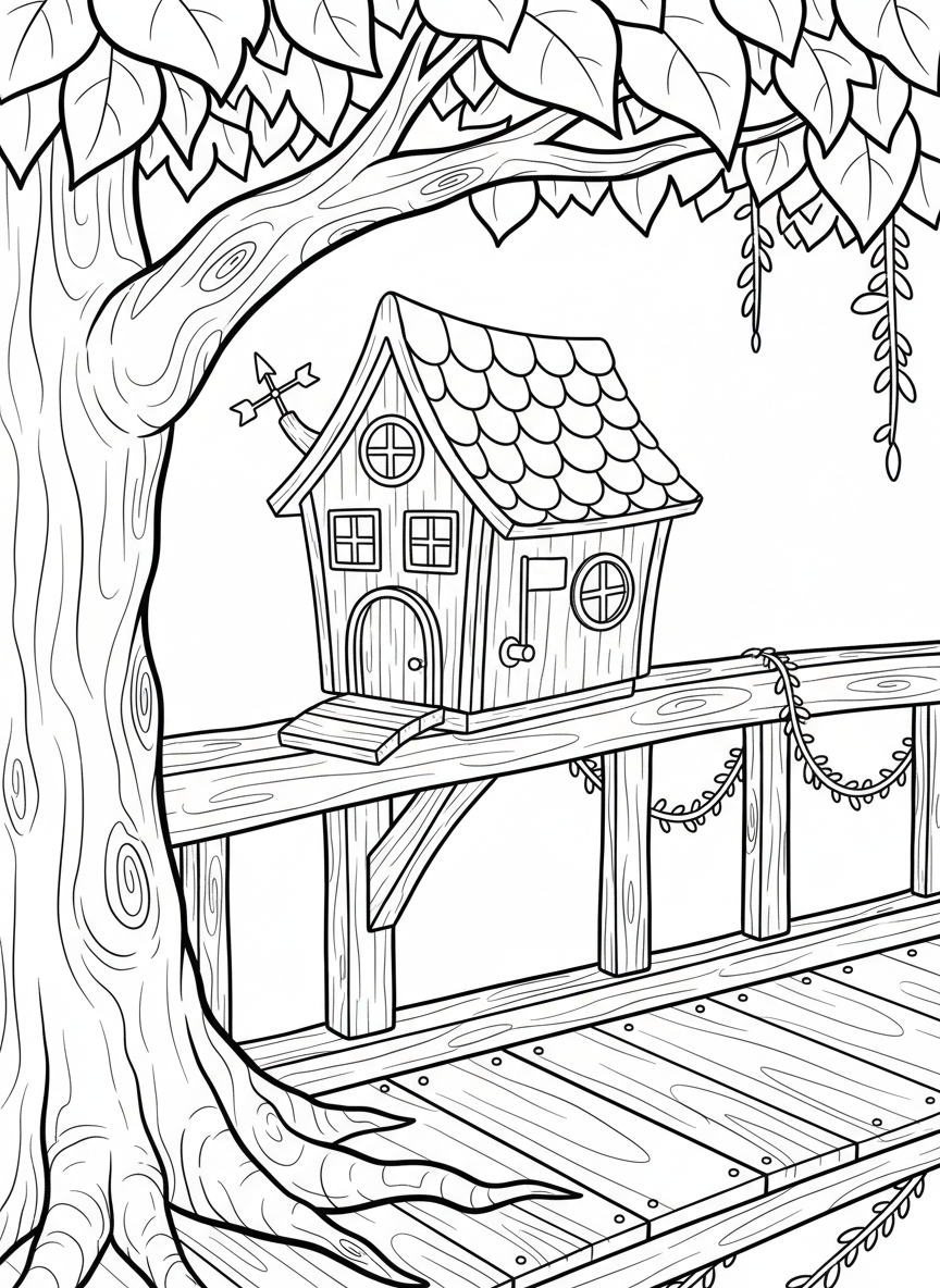 A whimsical mailbox shaped like a miniature treehouse itself, mounted on the main treehouse railing with tiny windows and a shingled roof.