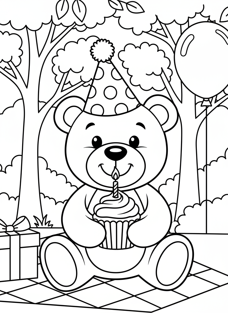 A smiling teddy bear holding a birthday cupcake with a single candle, wearing a polka dot party hat.