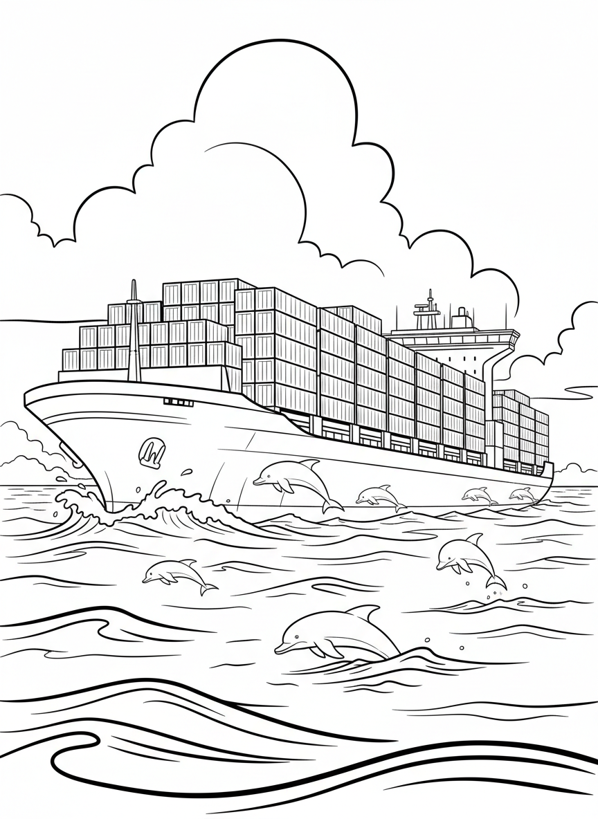 A large cargo ship loaded with stacked containers, sailing through the ocean with dolphins swimming alongside.