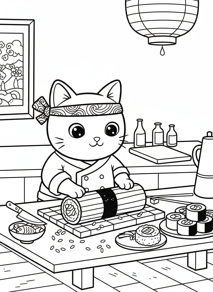A playful sushi chef cat character rolling sushi on a bamboo mat, wearing a headband, simple and cute design
