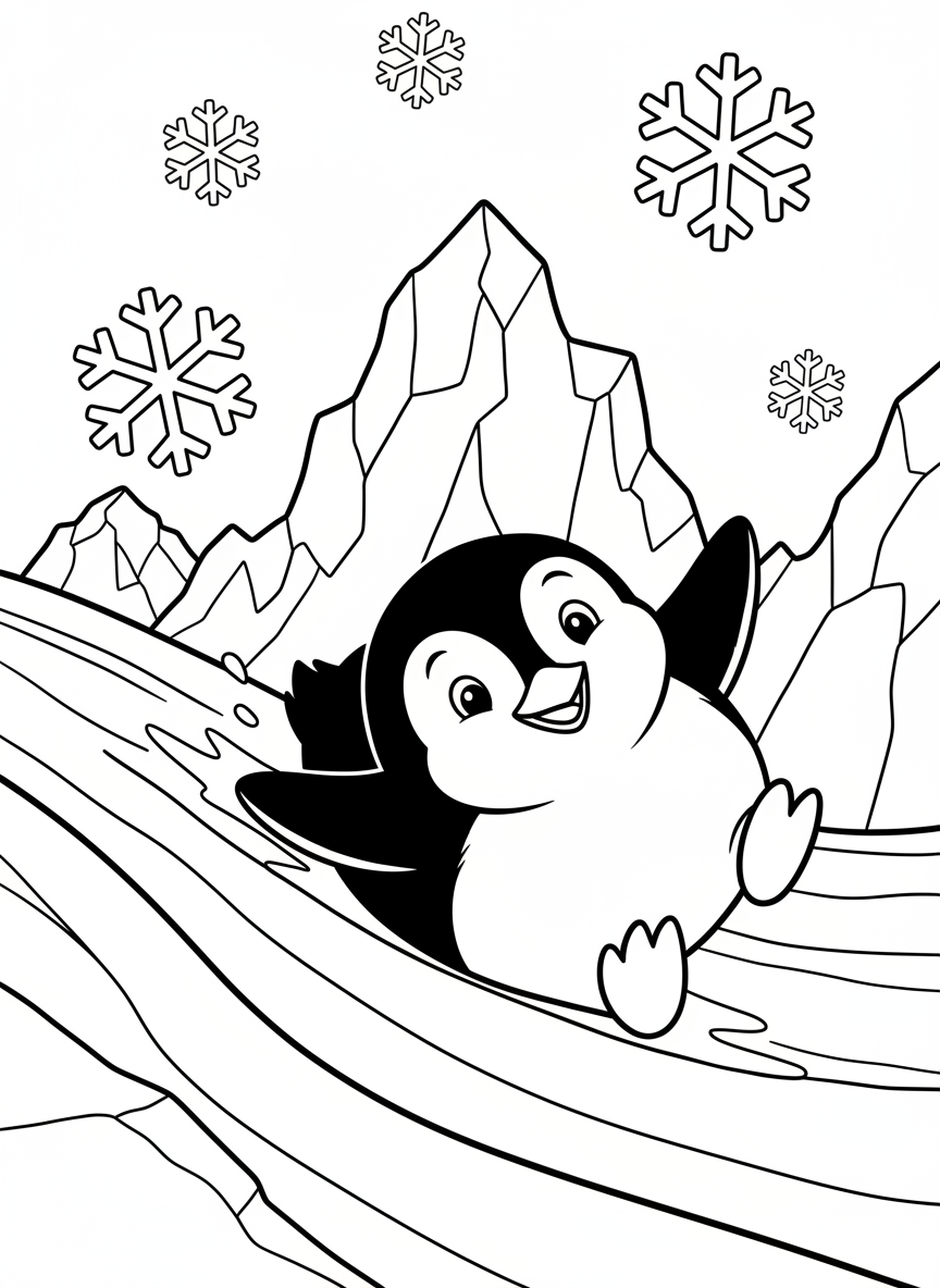 A cheerful penguin sliding on ice with snowflakes and icebergs in an Antarctic setting.