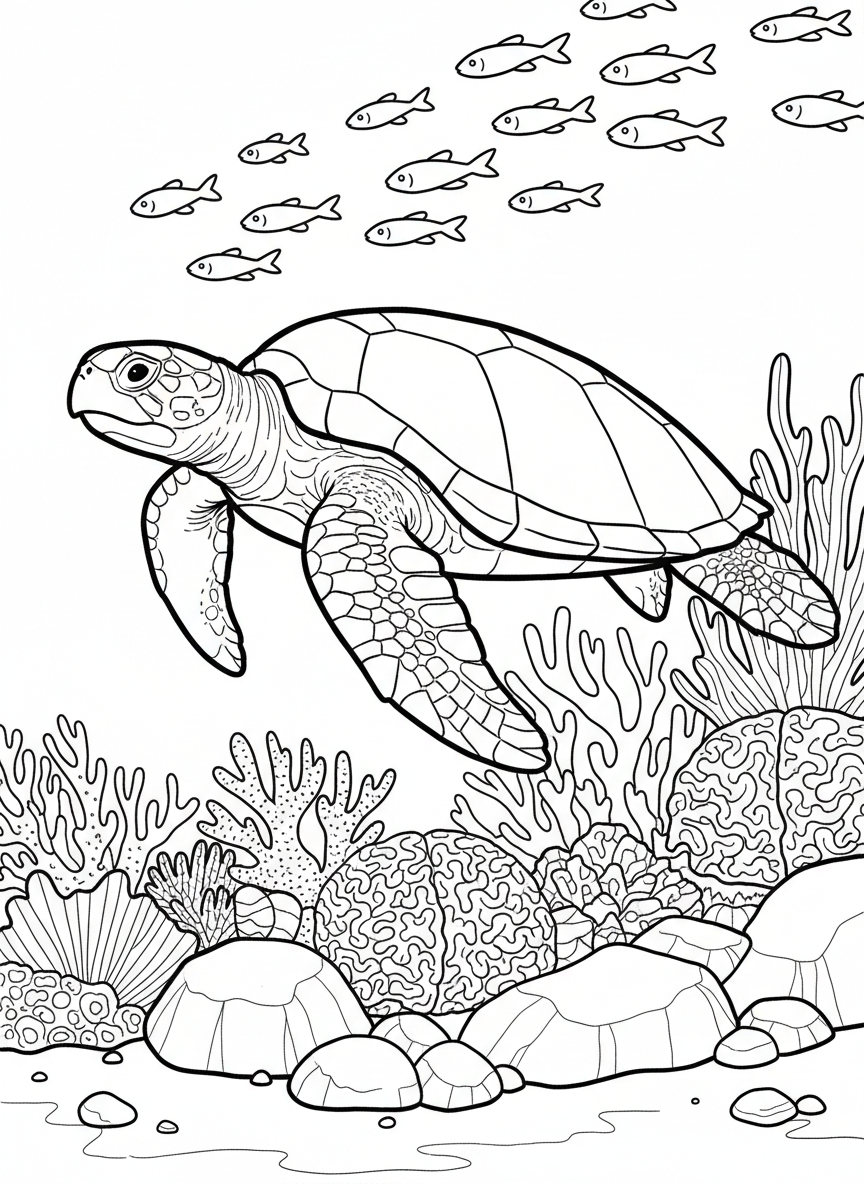 A calm ocean floor with a sea turtle gliding past rocks and coral while small fish swim nearby.