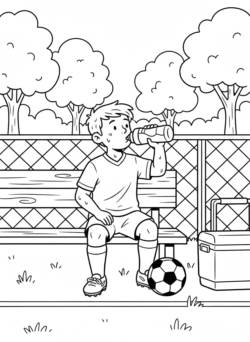 A child drinking water from a bottle during halftime, taking a break on the sideline
