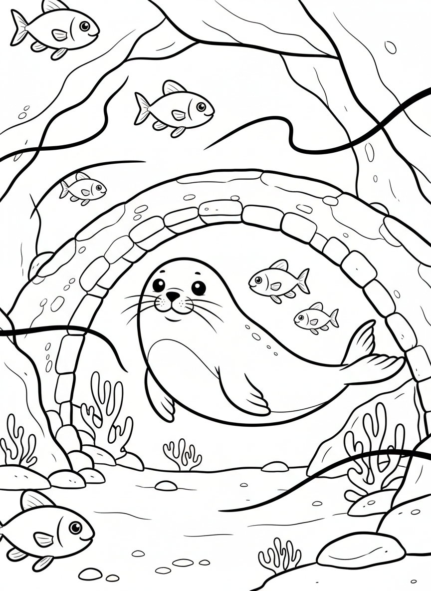 An underwater cave with a natural stone bridge overhead, featuring a friendly seal swimming underneath with fish companions