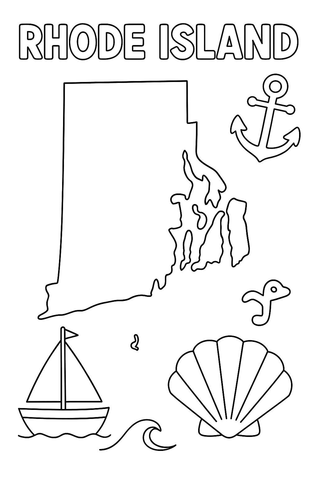 Write “Rhode Island” once at the top in outlined letters. Create a big, centered outline of the state. Add one sailboat, one shell, one anchor, and one wave in corners.