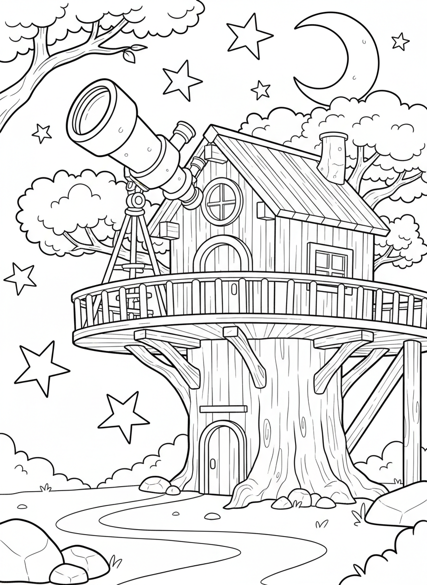 A treehouse with a telescope on the balcony, surrounded by stars and a crescent moon for nighttime stargazing