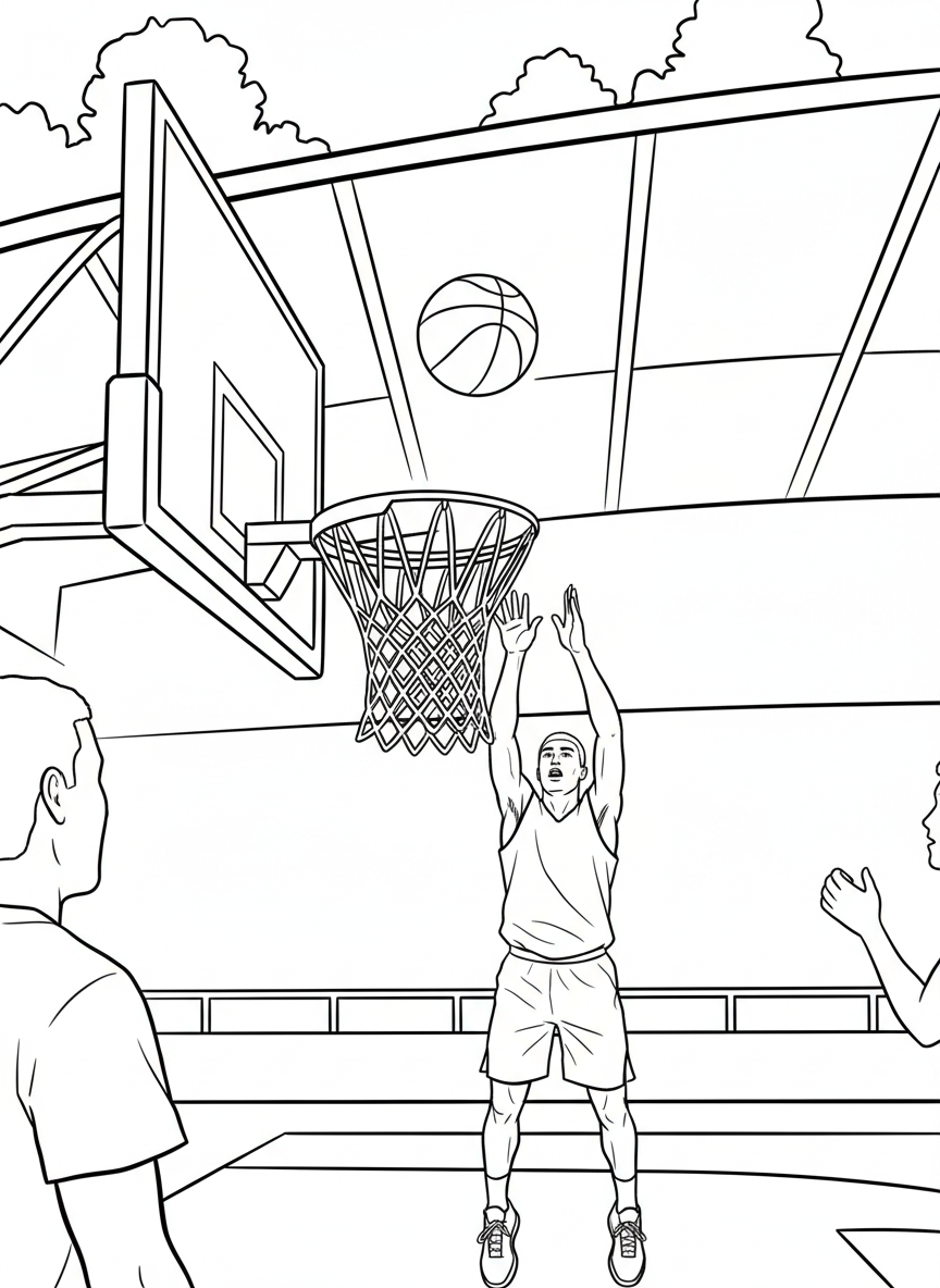 A basketball going through the net after a perfect three-point shot, with the shooter's follow-through pose visible.
