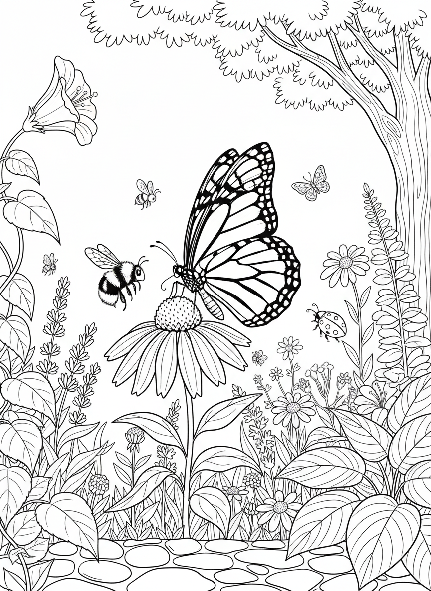 A butterfly garden scene with multiple insects including bees, butterflies, and a ladybug among various flowers.