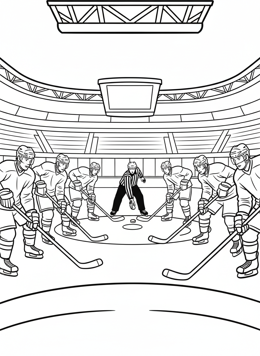 Two teams facing off at center ice, referee dropping the puck between them, game start scene
