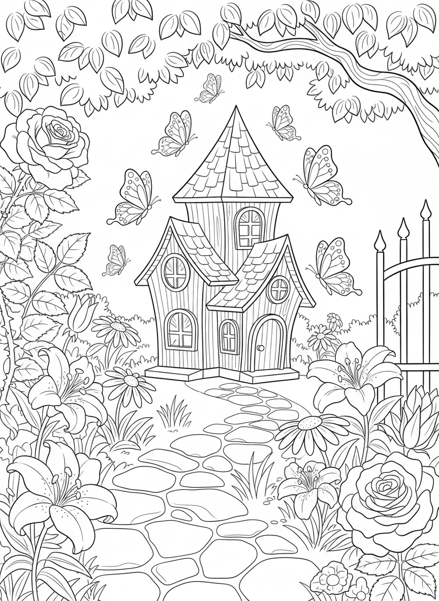 A cheerful garden scene with a butterfly house, multiple butterflies flying around, and a winding stone path through blooming flowers.