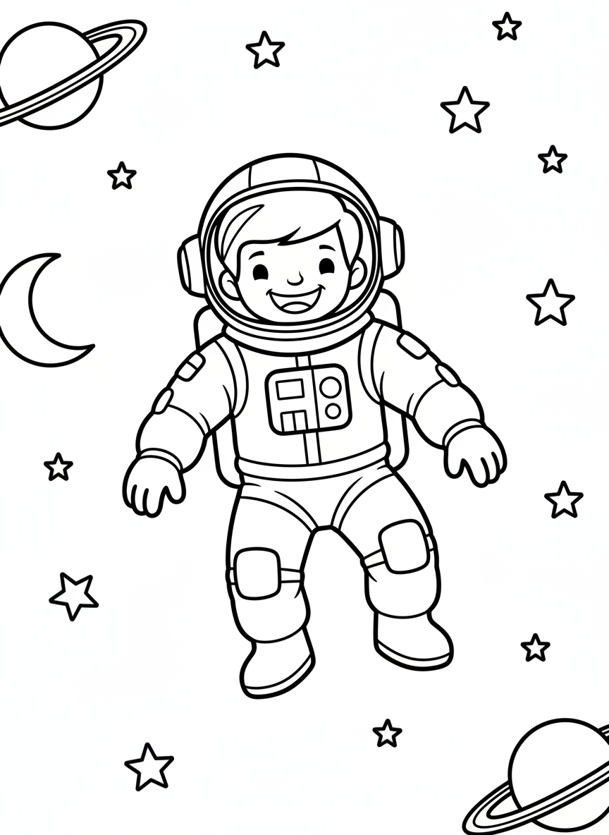A smiling astronaut floating in space with stars and planets around them, simple line art with clear outlines perfect for young children