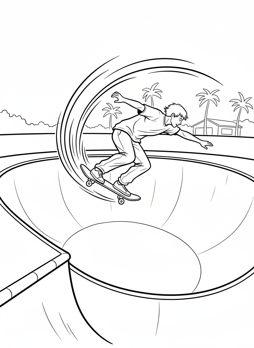 A skateboarder carving smoothly through a curved bowl, body leaning into the turn, dynamic flowing lines showing motion.