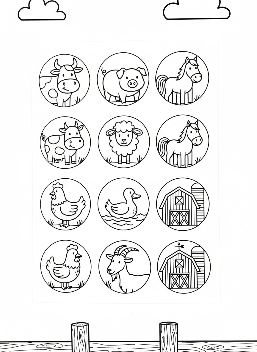 A sheet of eight mini circle stickers with different farm animals: cow, pig, sheep, horse, chicken, duck, goat, and barn