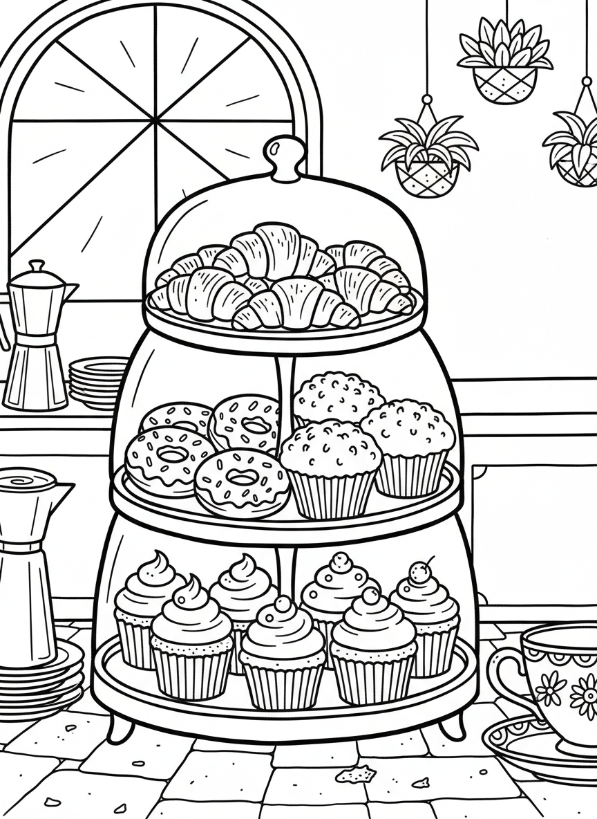 A tiered display case filled with different pastries including croissants, donuts, muffins, and cupcakes
