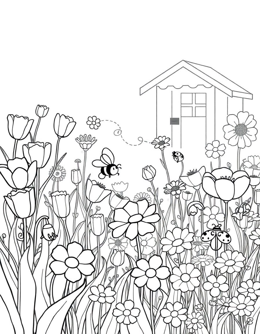 A lively flower garden filled with a diverse array of flowers like tulips, daisies, and poppies. A small, bustling bumblebee flits between the blossoms, and a friendly ladybug rests on a leaf. In the background, a small, charming garden shed with a window can be seen.