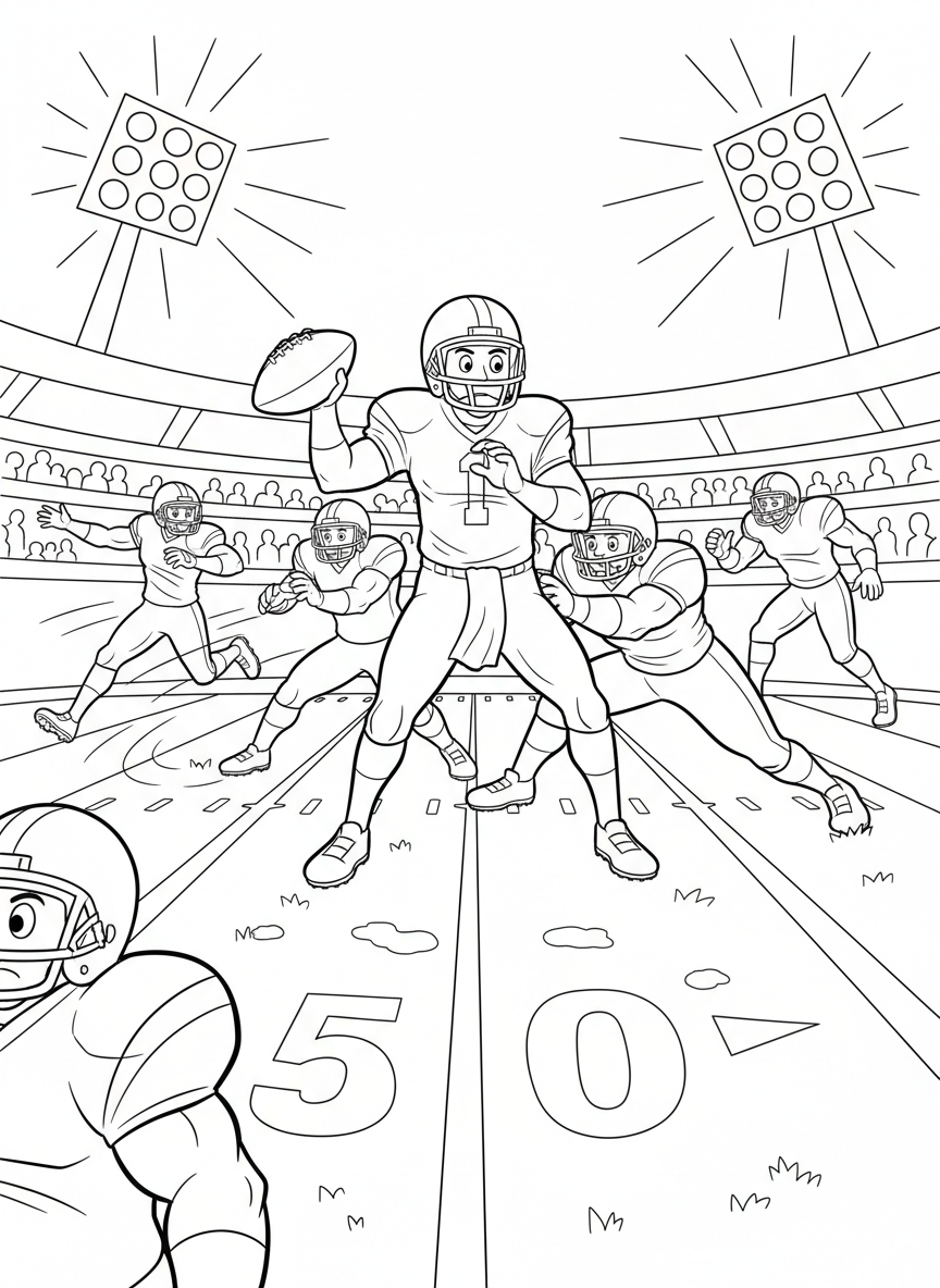 A quarterback standing tall in the pocket, eyes scanning the field while defenders push forward and linemen strain against each other, receivers cutting precise routes under bright lights during a single play that could define the entire game.