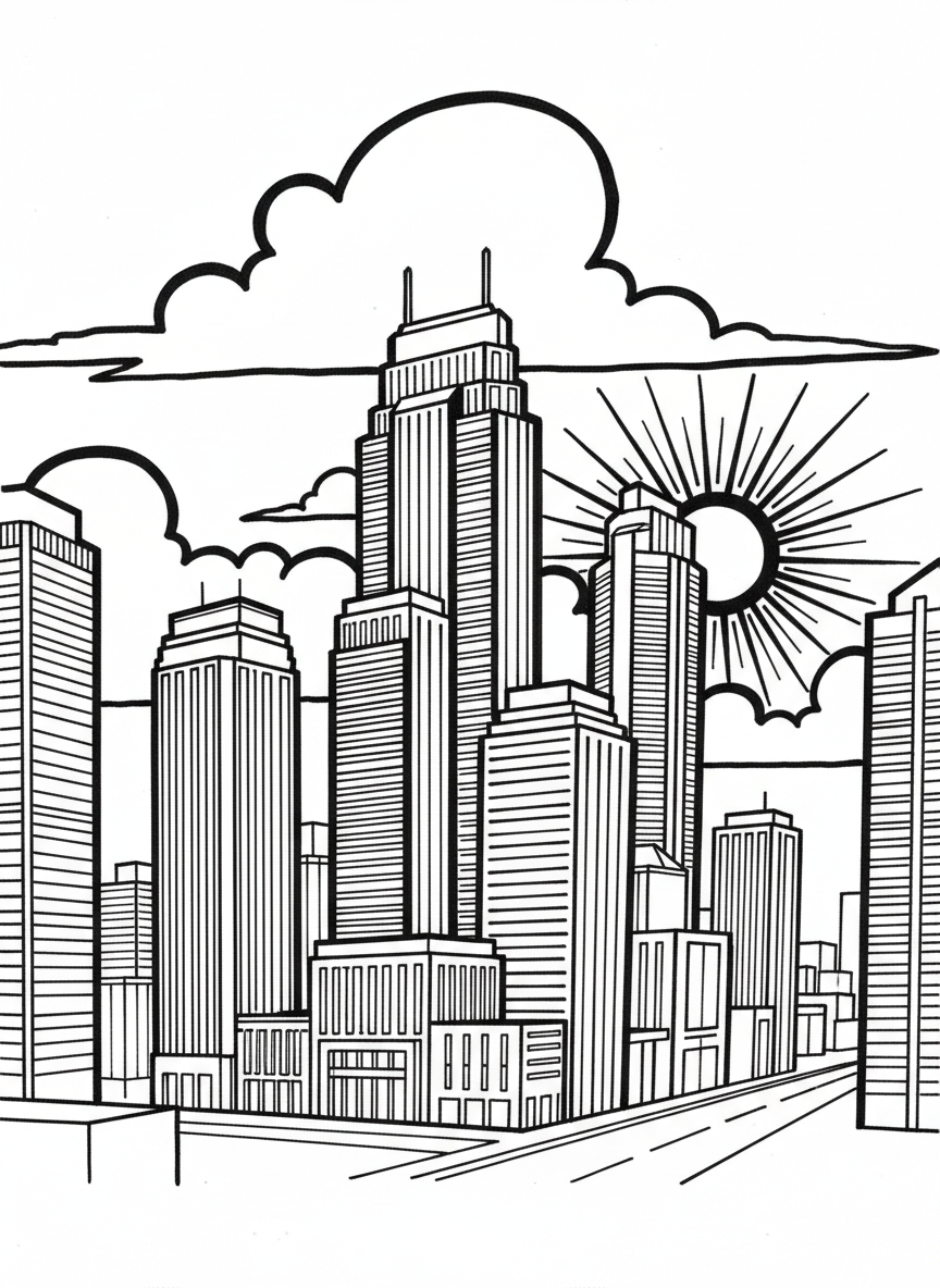 Charlotte city skyline with tall skyscrapers of different heights and shapes, clouds in the sky, and a sun shining above the buildings.