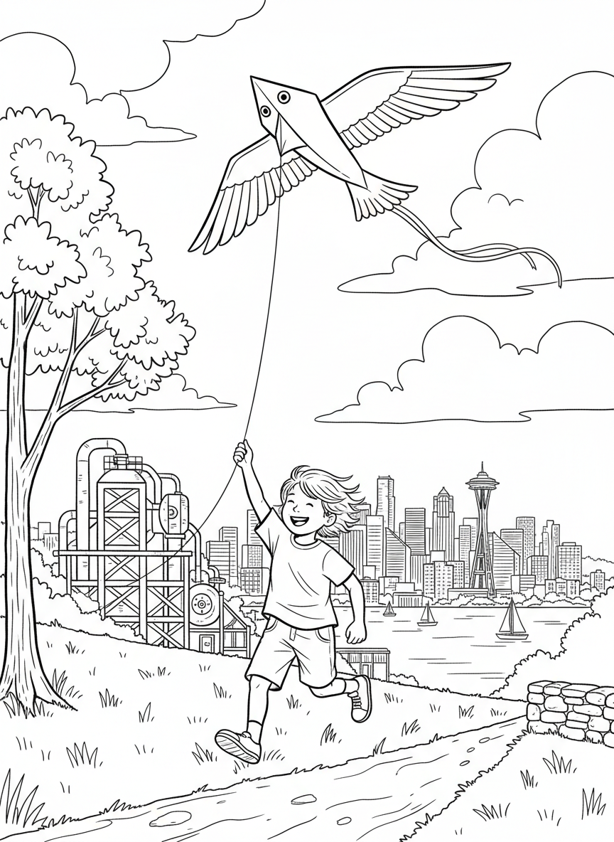 A cheerful child flying a kite at Gas Works Park with the city skyline behind them, playful outdoor scene.