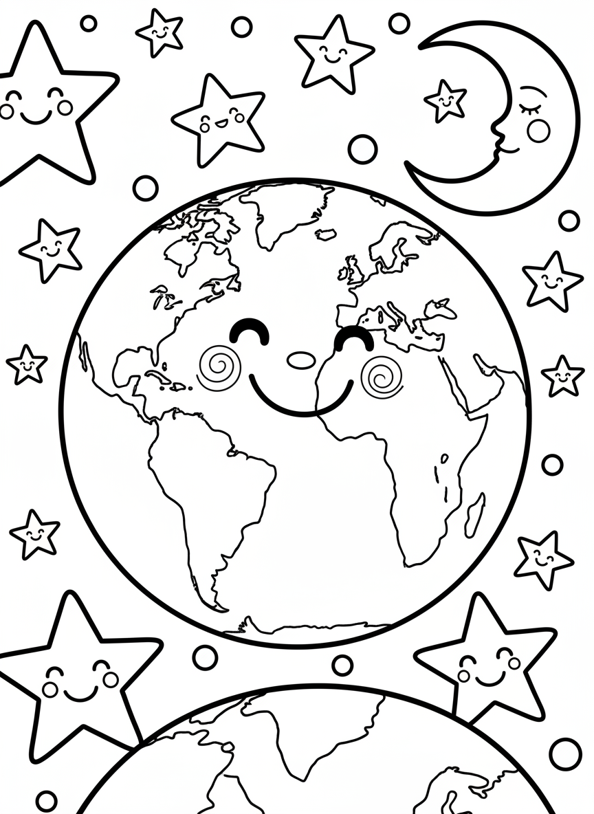 A cute smiling planet Earth with rosy cheeks floating in space, surrounded by happy stars and a crescent moon with a face