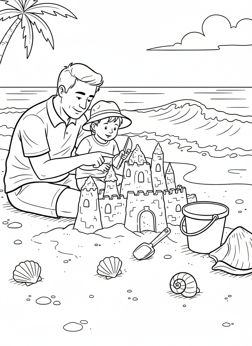 A father and child building a sandcastle together at the beach, with a bucket, shovel, and seashells around them.