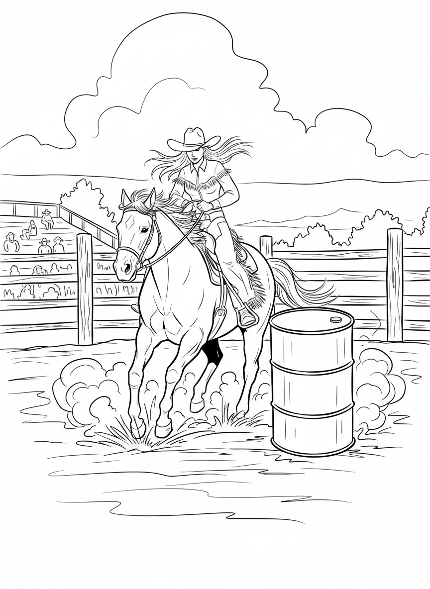 A cowgirl on horseback racing around a barrel in a rodeo arena, her hair flowing behind her as she leans into the turn.