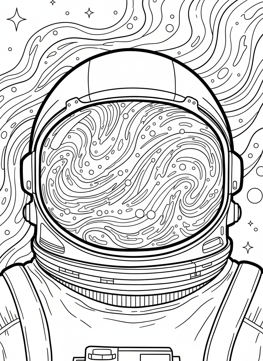 A close-up of an astronaut's helmet reflecting stars and a nebula, with detailed visor and suit collar visible