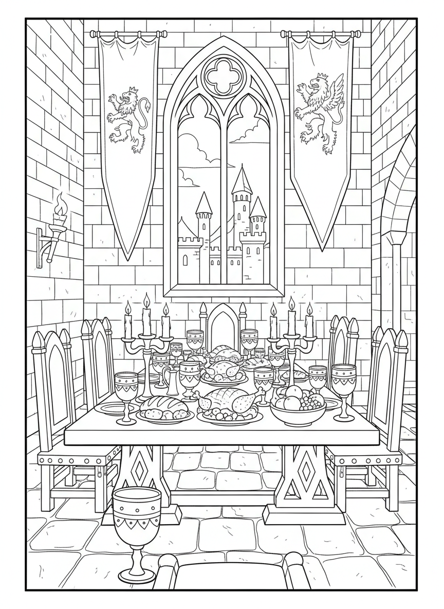 A medieval feast table inside a castle hall, loaded with goblets, plates of food, and candles, with banners overhead.