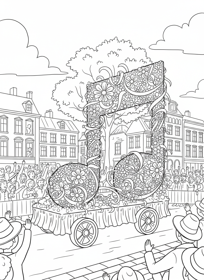 A parade float designed as a giant musical note on wheels, covered in flowers and streamers.