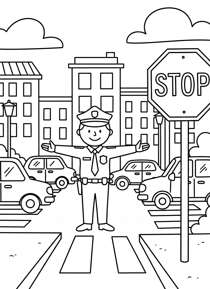 A police officer directing traffic at a busy intersection with crosswalks, cars, and a stop sign visible.