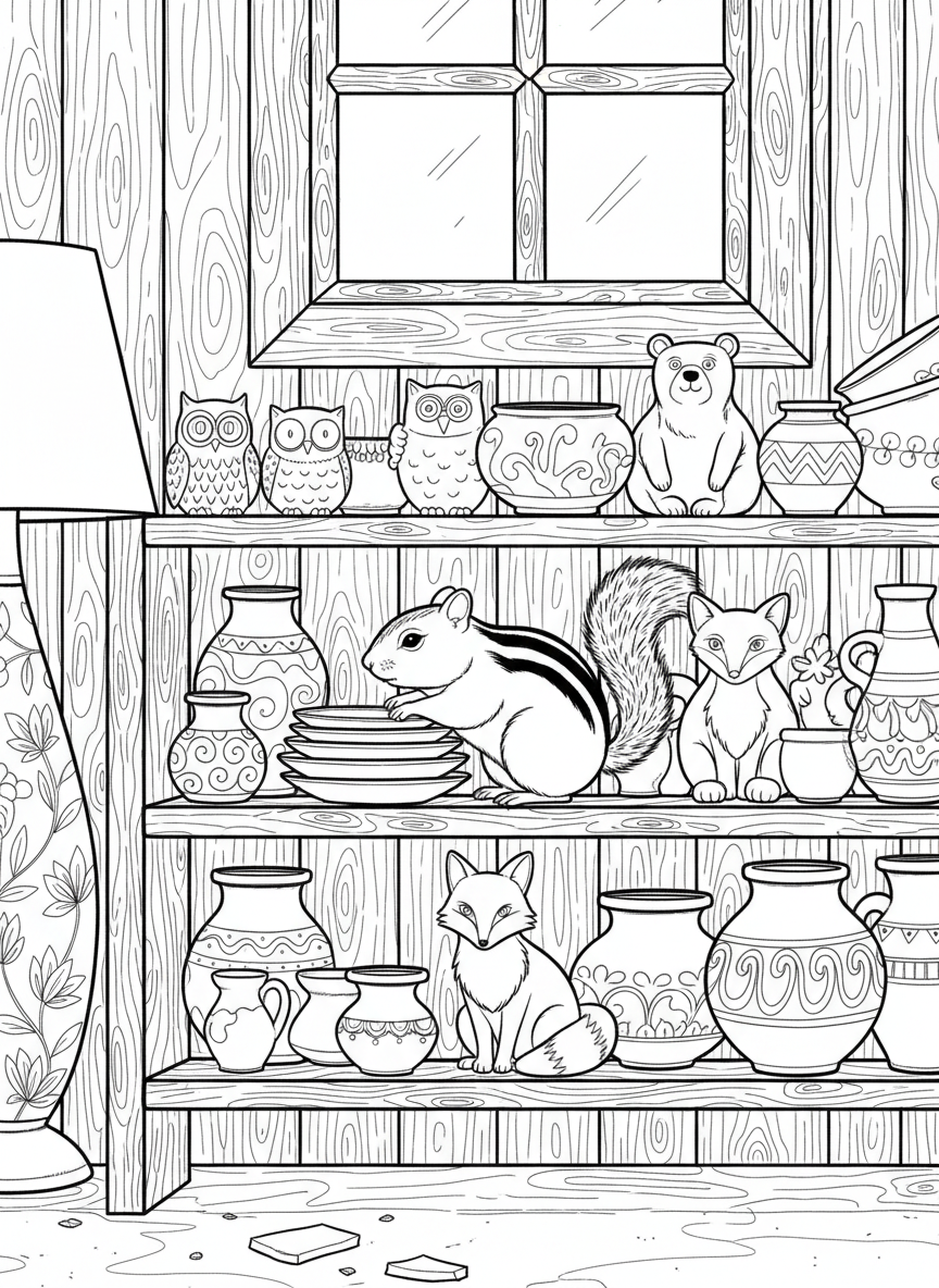 A chipmunk exploring a pottery barn shelf filled with small ceramic animals and decorative pieces, busy detailed scene