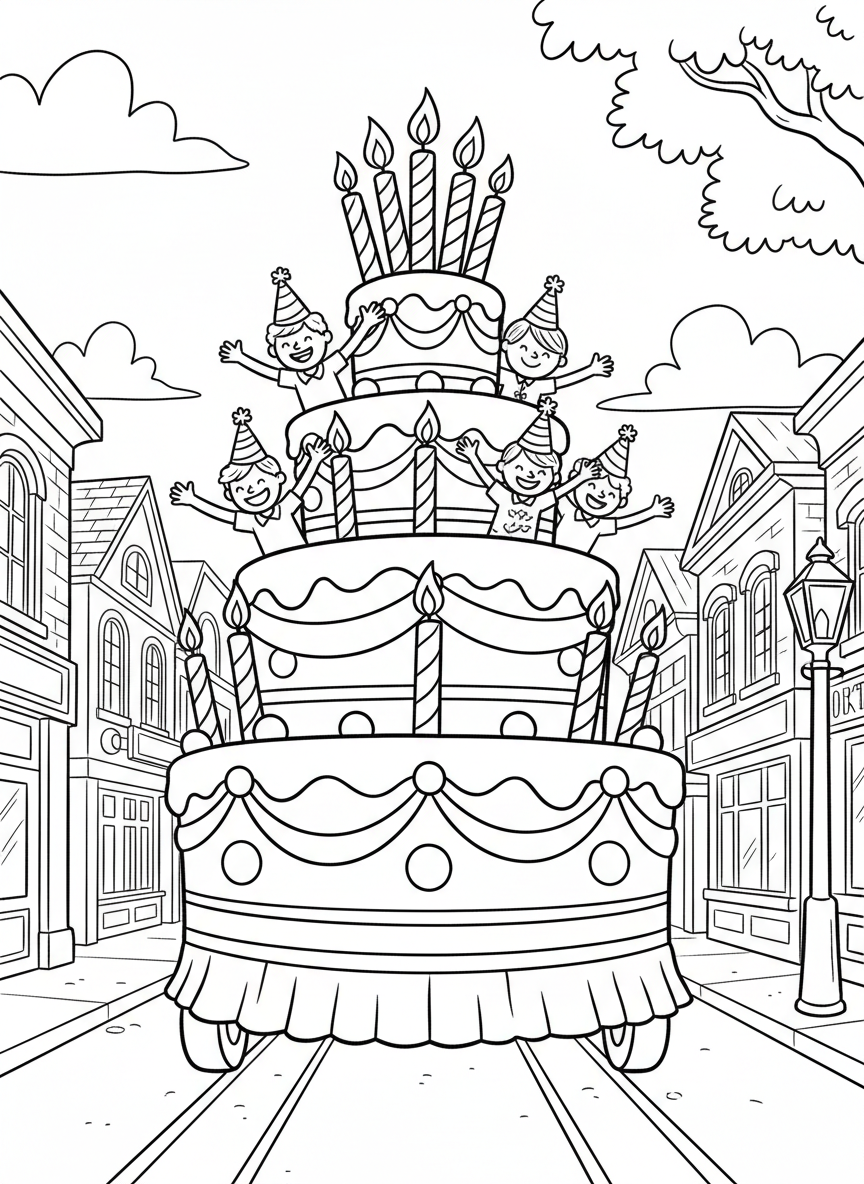 A decorated parade float shaped like a giant birthday cake with candles and flags, rolling down Main Street with happy children waving from the top.