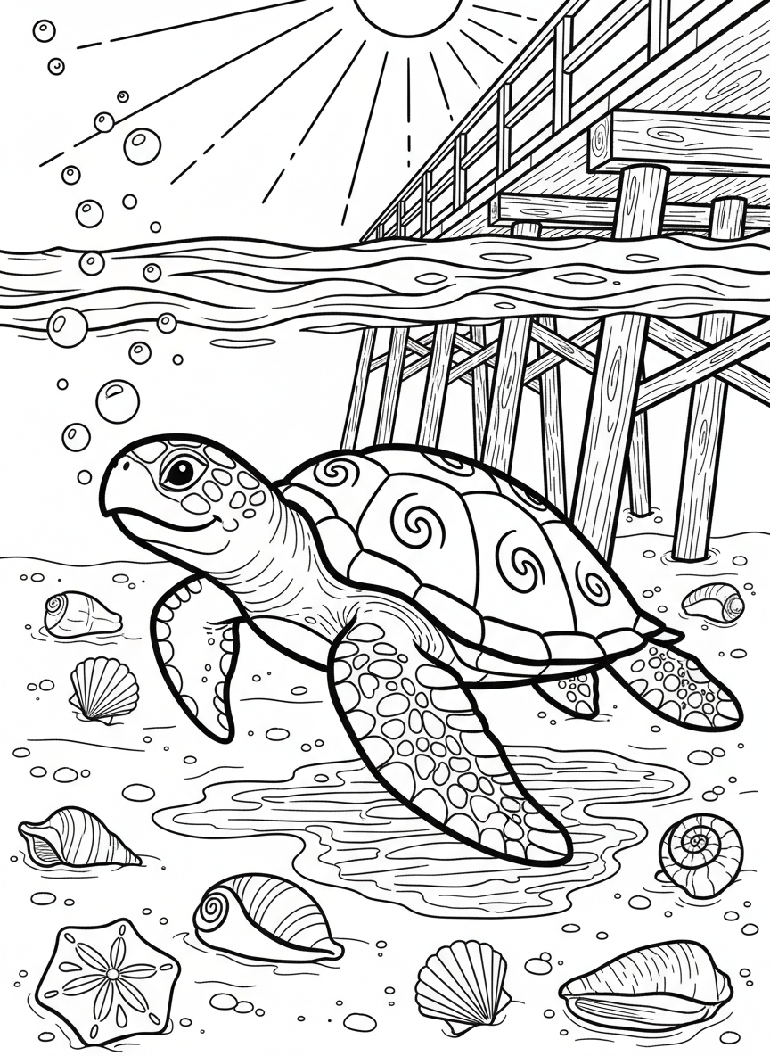 A playful sea turtle swimming near the Jacksonville Beach pier with seashells scattered on the sandy ocean floor below